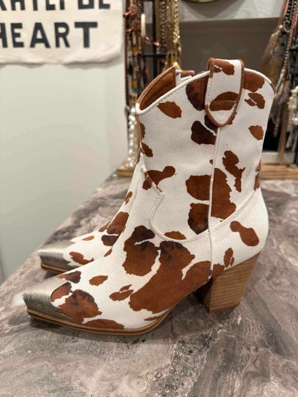BEAST FASHION Brown & White Cow Print Western Ankle Boots - Picture 6 of 9